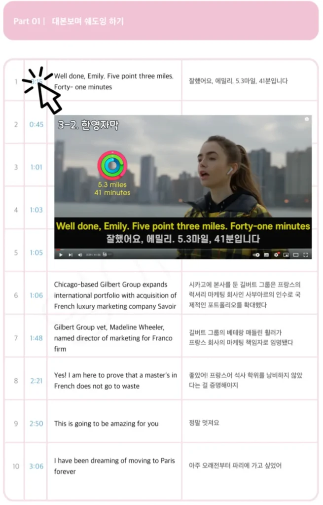 에밀리파리에가다 대본보며 쉐도잉하기